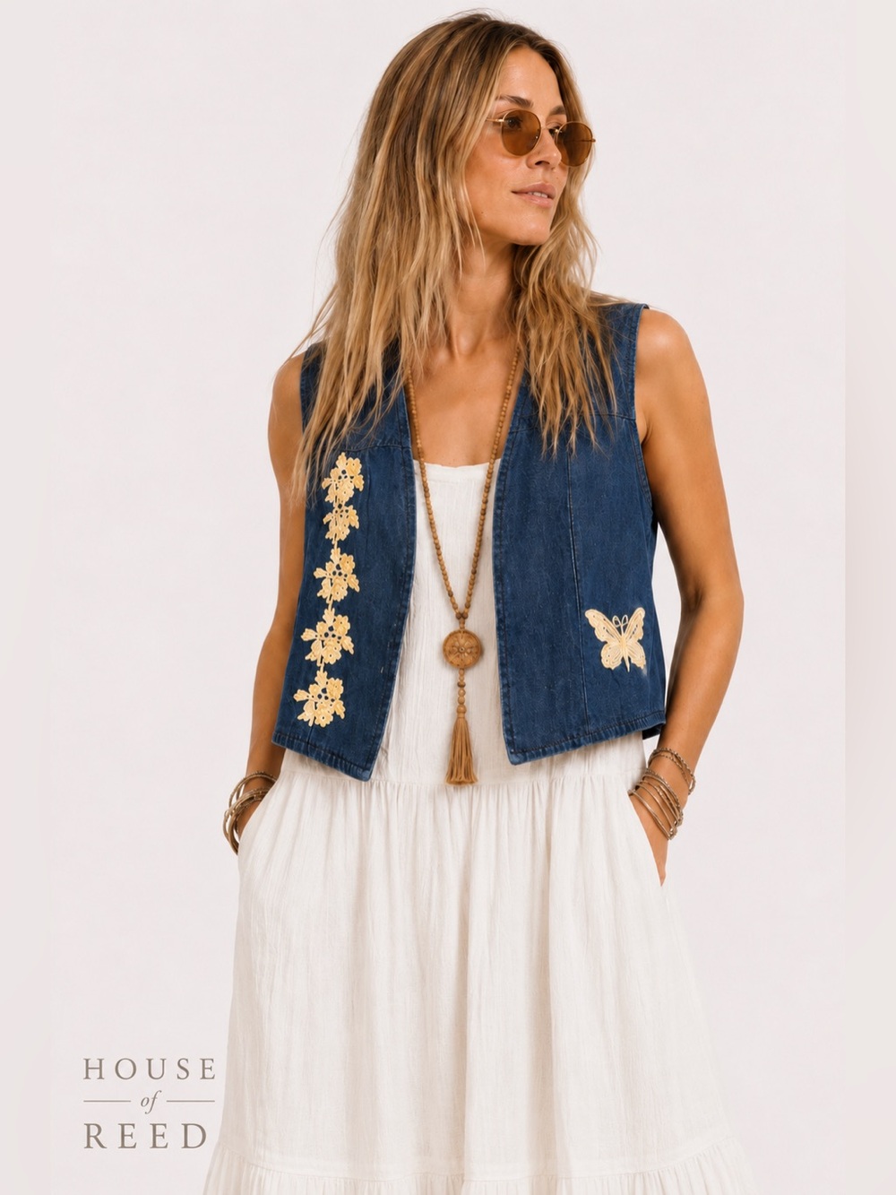 Vintage Petit Fors Los Angeles Denim Vest Embroidered Floral Butterfly Boho